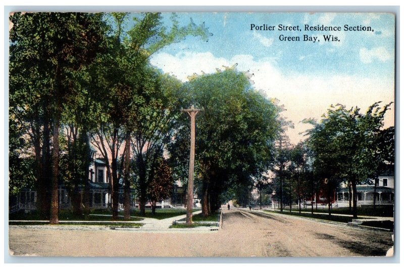 Green Bay Wisconsin WI Postcard Porlier Street Residence Section Scene 1915