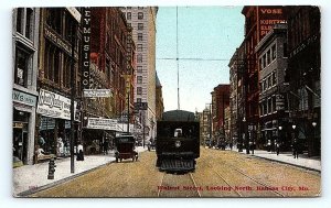 KANSAS CITY, MO Missouri ~ WALNUT STREET SCENE Railroad Trolley Car Postcard