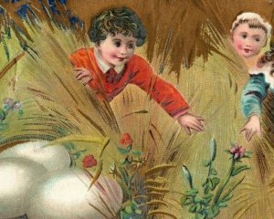 1880's-90's Embossed Easter Card Children Field Giant Eggs 7H