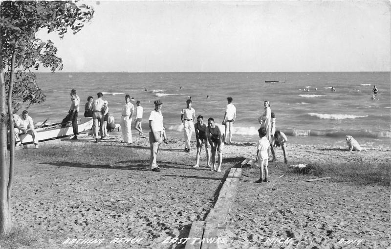 East Tawas Michigan~Bathing Beach Scene~People Posing~Dog~Boat~1940s RPPC