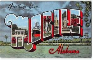 MOBILE, ALABAMA Large Letter Linen Postcard  Jesters Rock, Harbor Scene, Azaleas