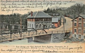 CHAMPLAIN NEW YORK~EAST BRIDGE & FIRST NATIONAL BANK-1907 TINTED PHOTO POSTCARD