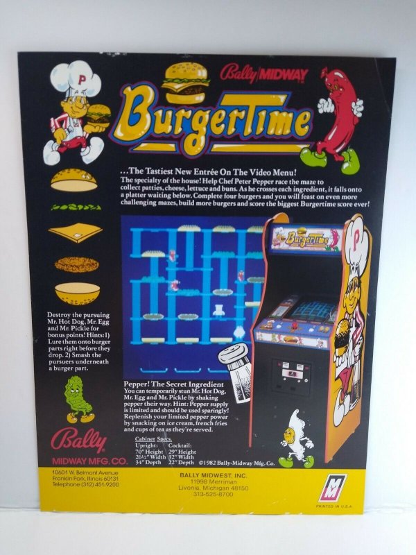 Burger Time Arcade Flyer Original Midway 1982 Retro Video Game Promo 8.5 x 11 