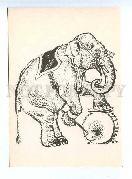 179892 Elephant with drum old postcard by Lebedev