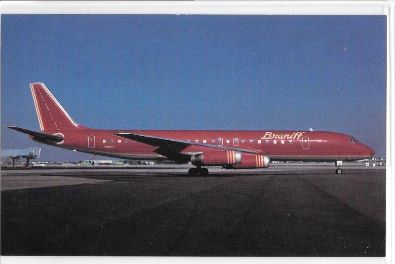 Braniff International Airlines Red White Livery DC-8-62 Aircraft Ground Postcard