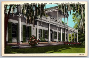 Natchez MS~Linden Home of Mr & Mrs Frank Fauntleroy~Vintage Linen Postcard