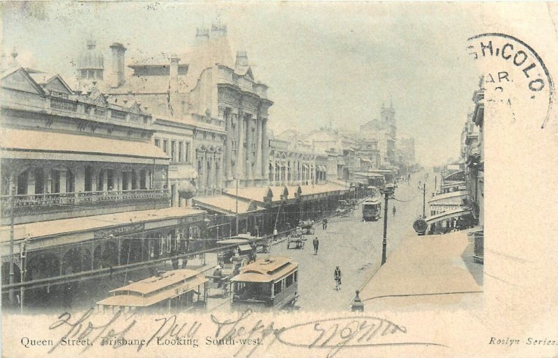 Postcard 1906 Australia Brisbane Queen Street Trolleys hand colored FR24-505