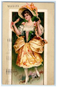 1911 Valentine Pretty Woman Big Hat Flowers Clapsaddle New Orleans LA Postcard