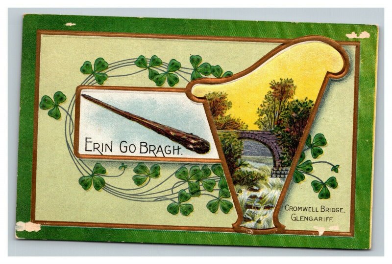 Vintage 1914 Postcard Erin Go Bragh Ireland Forever Gold Harp Four Leaf Clovers