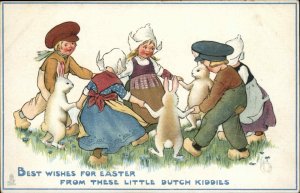 Tuck Dutch Easter Children Dance with Bunny Rabbits Vintage Postcard