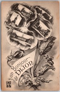 Un Bonjour De Dijon Landmarks on the Pansie Flower Petals Postcard