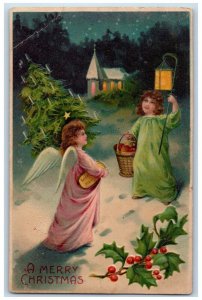 1907 Christmas Tree Angels Holly Berries Embossed Wilmington DE Antique Postcard