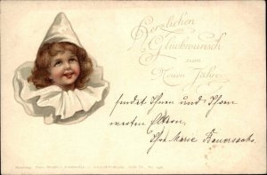 New Year Neuen Jahre German Little Girl Clown Costume c1910 Vintage Postcard