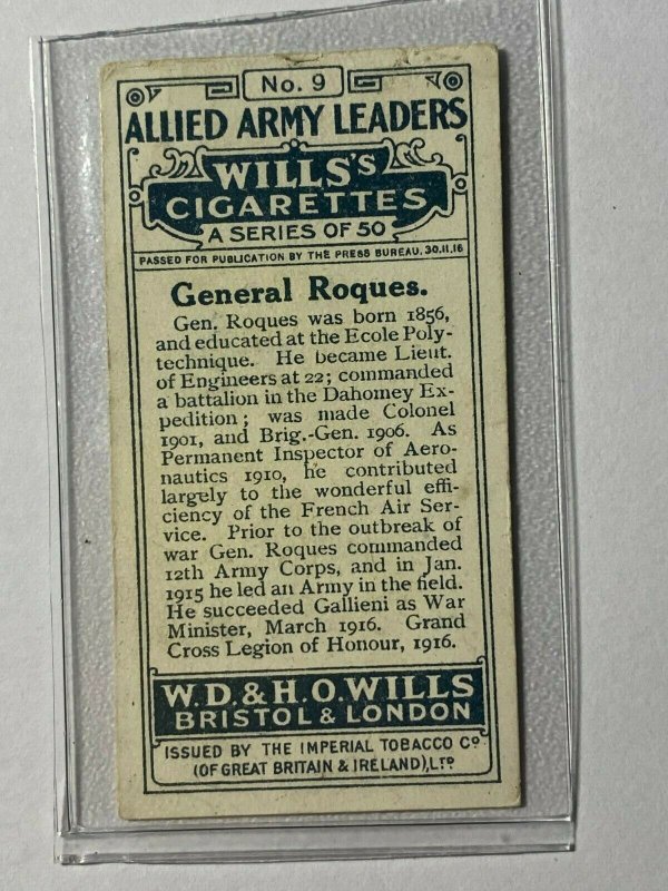 CIGARETTE CARD - WILLS ARMY LEADERS #09 GENERAL ROQUES     (UU231)