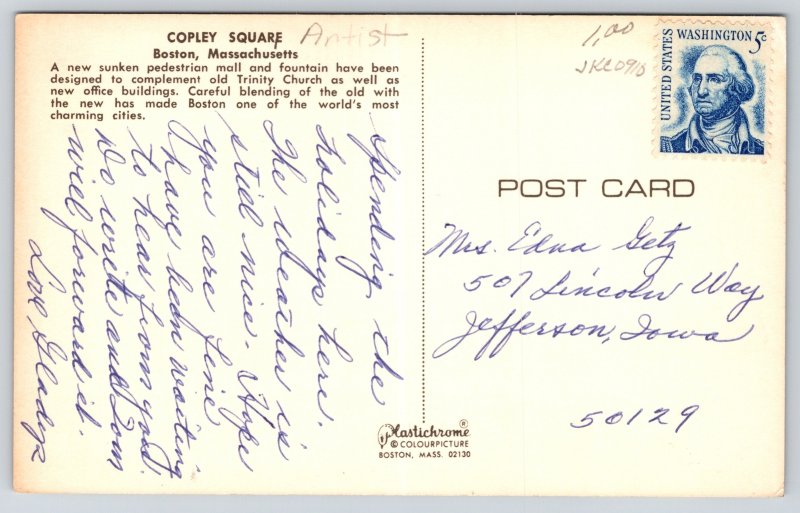 State View~Boston Massachusetts~Copley Square & Trinity Church~Vintage Postcard