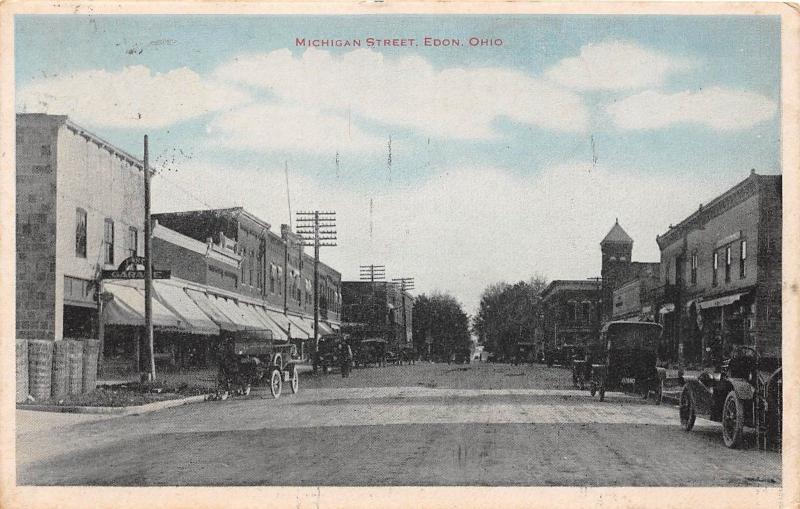 E17/ Edon Ohio Postcard '17 Michigan Street Stores Wagons Bryan Williams County8