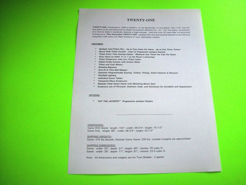TWENTY ONE ORIGINAL NOS ROLL DOWN REDEMPTION ARCADE GAME MACHINE FLYER