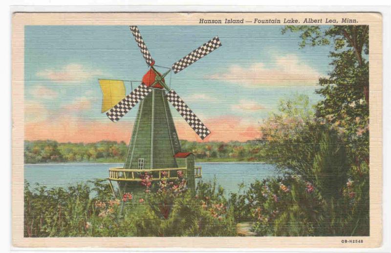 Windmill Hanson Island Fountain Lake Albert Lea Minnesota 1947 postcard