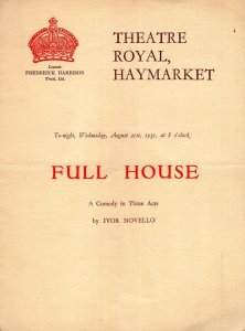 Full House Ivor Novello Isabel Jeans Haymarket Theatre Programme