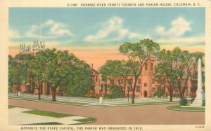 Columbia South Carolina Sunrise Over Trinity Church & Parish Linen Postcard