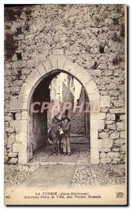 Old Postcard La Turbie Old City Gate called Portal Romain Young man and donkey