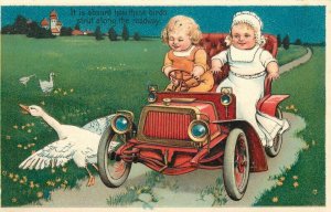 Artist impression Early Automobile Children Goose PFB 1908 Postcard 21-2706