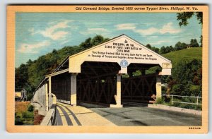 Postcard Philippi West Virginia Covered Bridge Tygart River Linen 1949 Civil War
