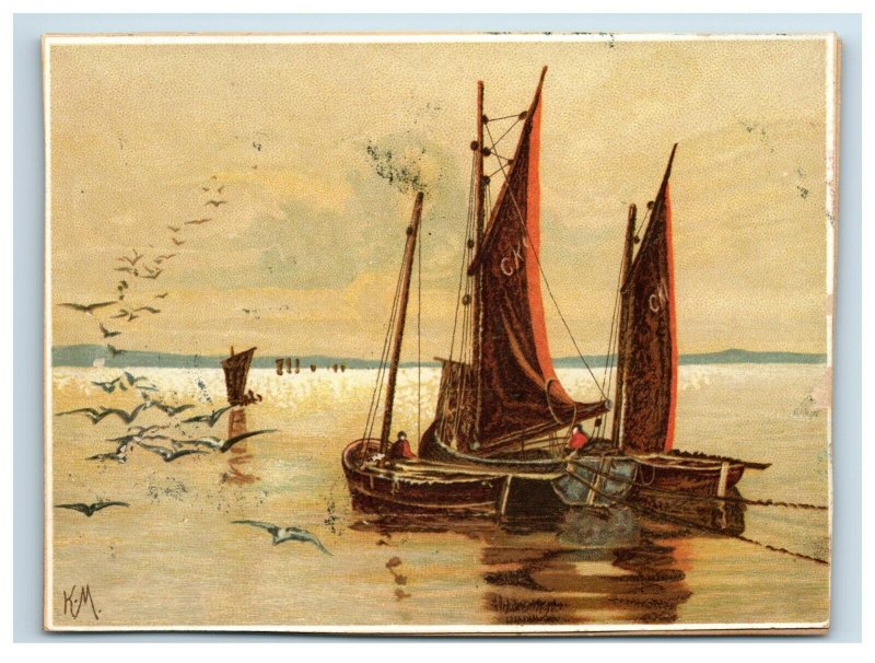 1880's Victorian Trade Card Sunset Beach Scene Boats Sails Fab! P199