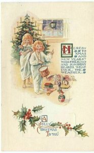 A Jolly Christmas Postcard Children Playing Toys and Drum