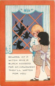 Whitney Embossed Halloween Postcard; Children Fear Witch, Black Hoodoo at Window