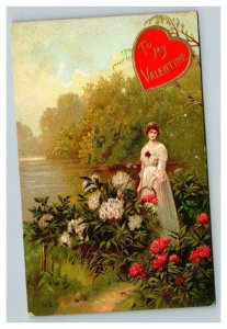 Vintage 1910 Valentines Postcard Beautiful Women on the Lake Big Red Heart