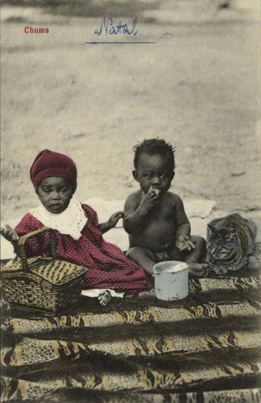 south africa, Native Girl, Boy and Cat having a Picnic, Chums (1910s) Postcard