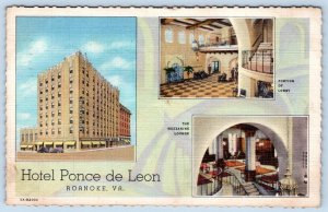 1938 ROANOKE VIRGINIA HOTEL PONCE de LEON LOBBY LOUNGE EXTERIOR VINTAGE POSTCARD