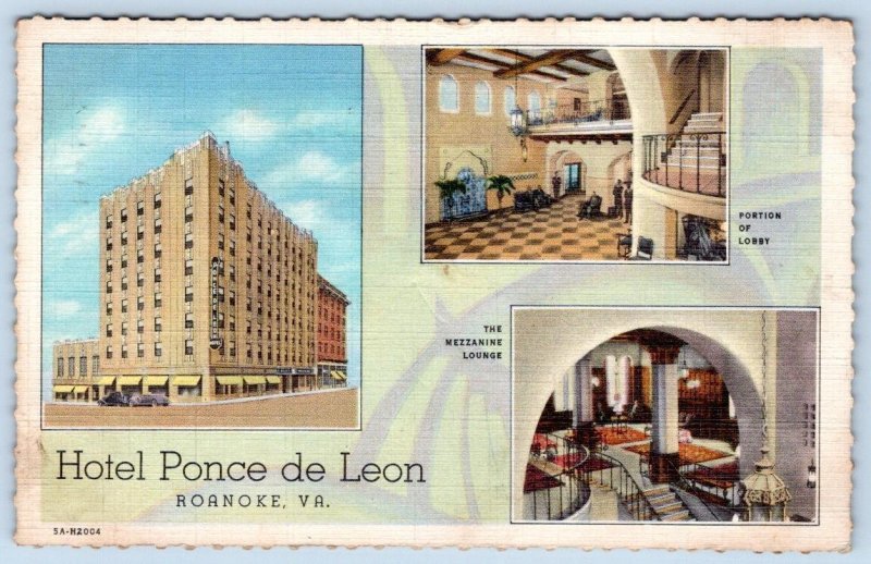 1938 ROANOKE VIRGINIA HOTEL PONCE de LEON LOBBY LOUNGE EXTERIOR VINTAGE POSTCARD