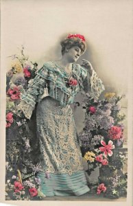 BEAUTIFUL WOMAN-INTRICATE STYLISH DRESS-FLOWERS-LOT OF 3 FRENCH PHOTO POSTCARDS