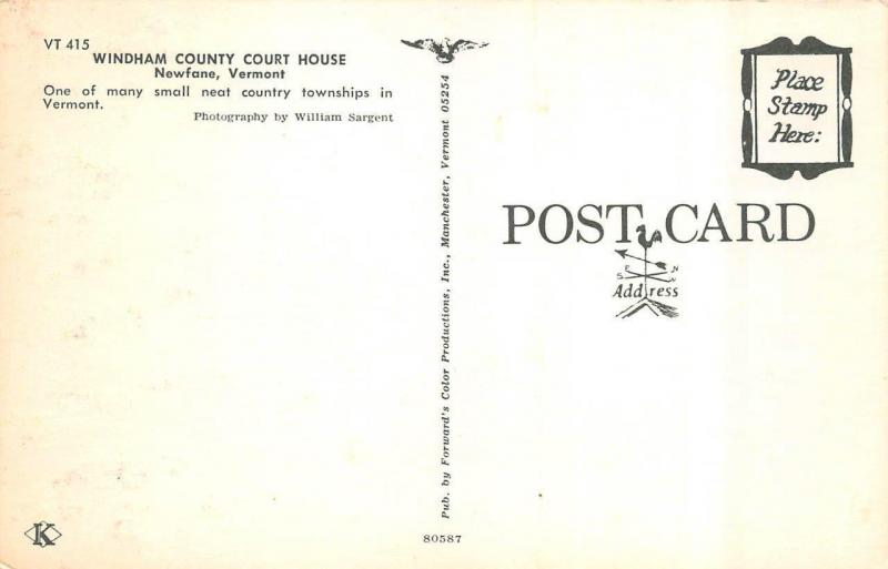 NEWFANE, VT  Vermont      WINDHAM COUNTY COURT HOUSE    Courthouse    Postcard