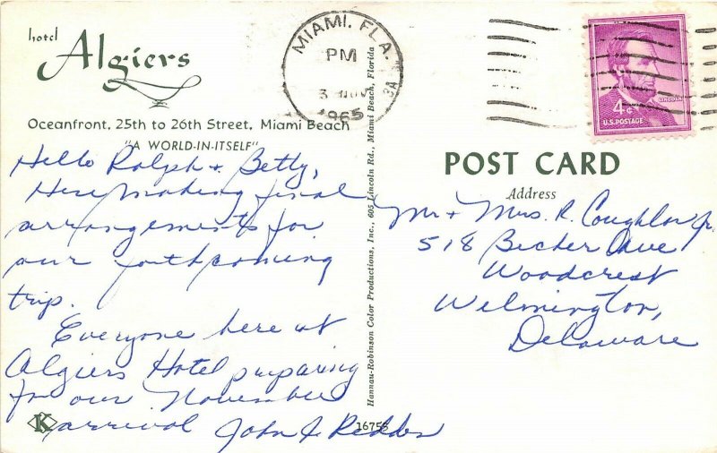 Miami Florida 1965 Postcard Hotel Algiers Oceanfront