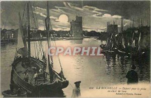 Old Postcard La Rochelle Departure for fishing boats in the moonlight
