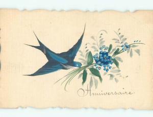 Pre-1920 Handmade One-Of-A-Kind Postcard BEAUTIFUL BIRD CARRYING FLOWERS AC6525