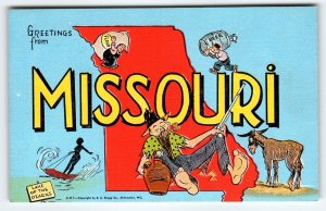 Greetings From Missouri Postcard Map Hillbilly Donkey Moonshine Beer Linen Kropp