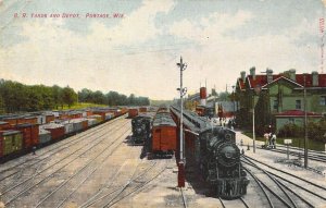 c.1908, Steam Train, Depot, Railroad Yard,Portage,WI,Msg, Old Postcard