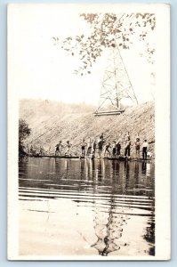 RPPC Photo Postcard Boys Camp Wrestling Swimming In The River c1910's Antique