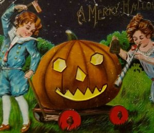 Victorian Halloween Postcard Boy With US Flag Girl Blows Horn Antique Sanders