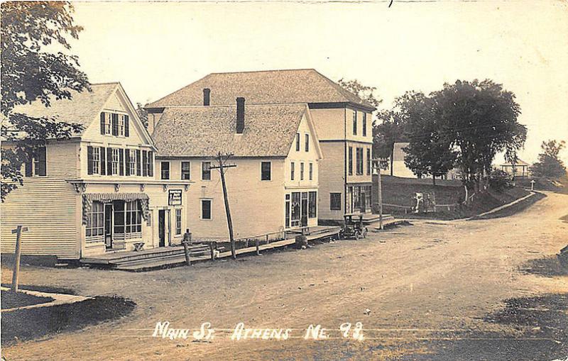 Athens ME Main Street Business District Store Front's Old Car RPPC Postcard