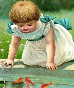 1880s Victorian Birthday Card Poem Adorable Child Goldfish Pond Lilies 7D