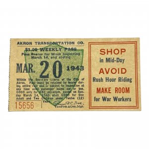1943 Akron Transportation Co. Railway Weekly Pass Ticket, Akron Ohio