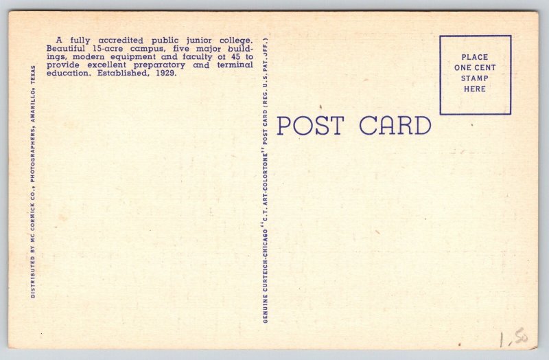 Amarillo Texas~College Campus~Admin Bldg~USA Flag~Tower~Linen 1940s Postcard