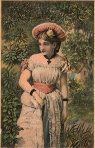 1880s-90s Woman in White Dress Among Trees Colorful Trade Card