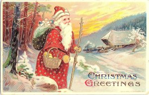 1913 Embossed Father Christmas Postcard – German Print Santa w/ Toys, Snow Scene