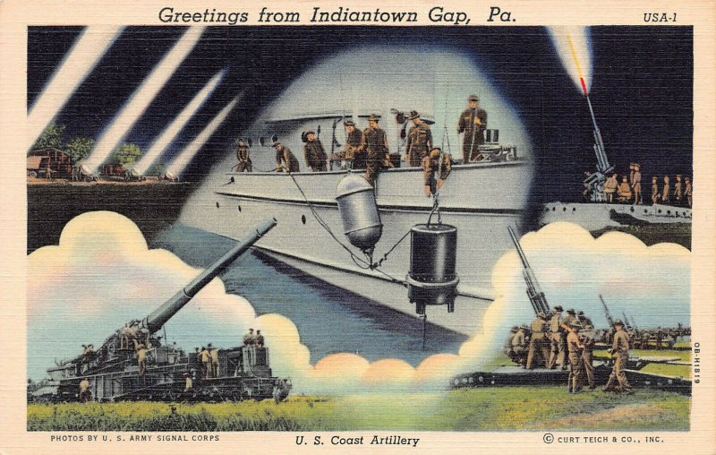 U.S. Coast Artillery, Greetings from Indiantown Gap, PA., WWII Era Postcard